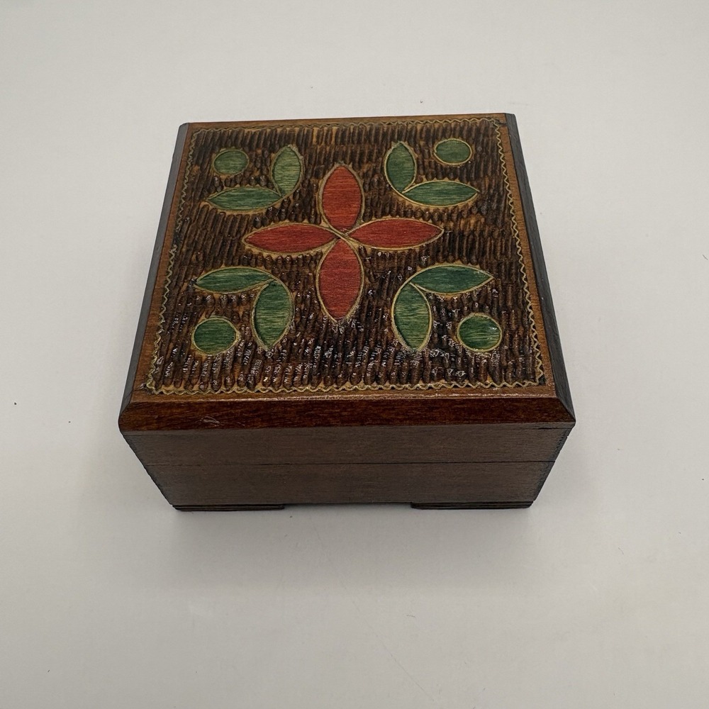 Decorative Trinket Carved Square Hinged Box 2.5"X 2.5" Jewelry Brown Floral
